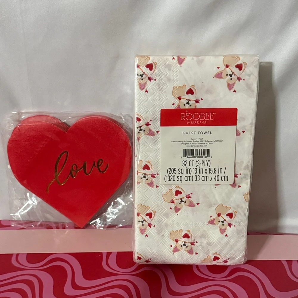 Set of 2 Sealed Valentines Day Napkin Sets Love Hearts & Cupid Corgis